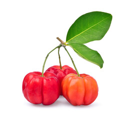 Bunch of Acerola Cherry with leaves isolated.