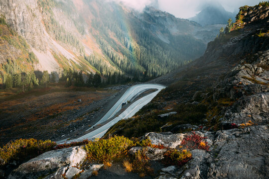 Hairpin Turn Along Highway On Rocky Mountainside