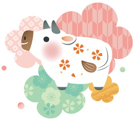花や和柄を背景にした小さな可愛い白い牛のイラスト