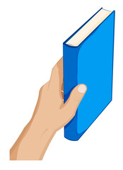 mans hand holds closed book, puts it on shelf. Education at school and library, obtaining knowledge from literature. Cartoon vector on white background
