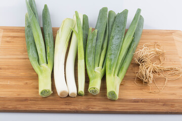 close up image of chopped spring green onions on a white background.