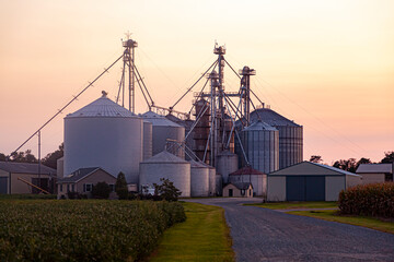 A sunset view of the large industrial size farm with large silos, modern metal granaries and...