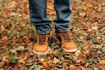 Sneakers man on autumn leaves banner copy space leisure autumn men's shoes leisure