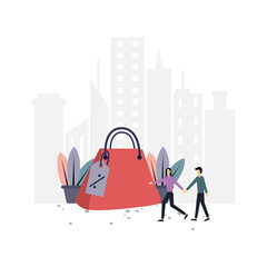 Hunting for discount bags flat illustration.Vector design template.Suitable for landing page, ui, website, mobile app, editorial, poster, flyer, article, and banner.