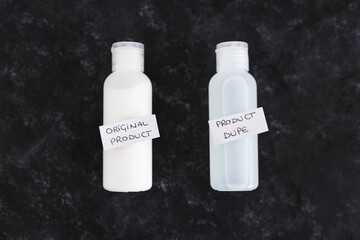 imitations and unfair competition, couple of body lotion bottles with Original vs Dupe product...