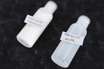 imitations and unfair competition, couple of body lotion bottles with Original vs Dupe product labels