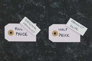 unfair competition, half price vs full price tags with Original vs Dupe product labels