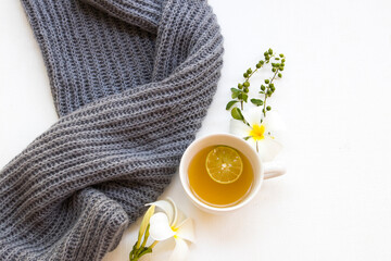 herbal healthy drinks hot honey lemon health care for cough sore with knitting wool scarf of...