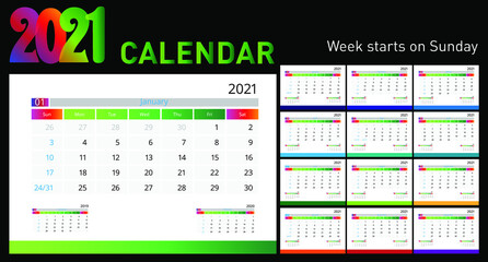 Calendar 2021. Week start Sunday corporate design planner template