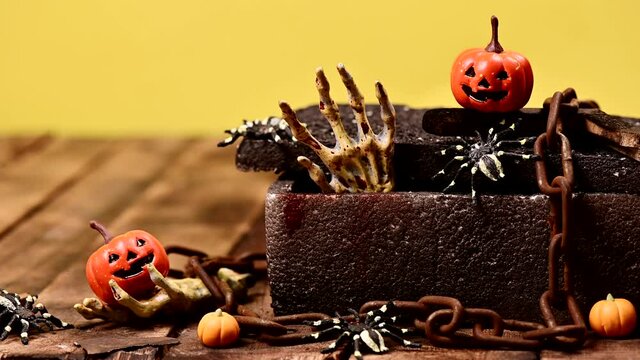 Halloween decoration. Trick or treat in autumn and fall season. Pumpkin face and scary symbol at home.