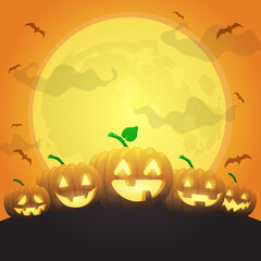 halloween pumpkins under big moon, can be used for background halloween holiday, vector illustration