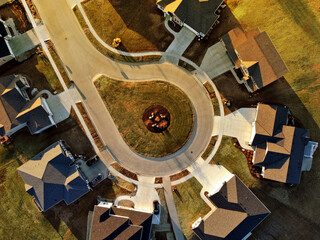 Aerial view above a cul de sac in a suburban subdivision in a Midwestern town
