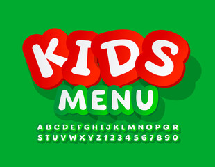 Vector creative template Kids Menu. Sticker style Font. Green Playful Alphabet Letters and Numbers set
