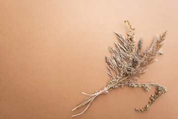 A bouquet of dried flowers on a brown background from kraft paper. Autumn concept