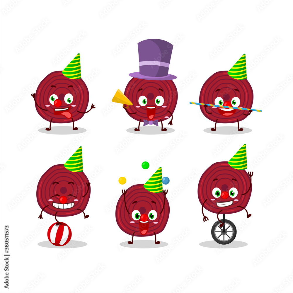 Poster cartoon character of slice of beet root with various circus shows