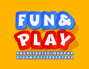 Vector Kids sign Fun & Play. Creative sticker Font. Blue modern style Alphabet Letters and Numbers set