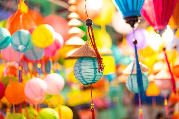 Decorated colorful lanterns hanging on a stand in the streets of Cholon in Ho Chi Minh City...