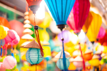 Decorated colorful lanterns hanging on a stand in the streets of Cholon in Ho Chi Minh City...