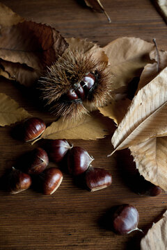 Chestnuts and leaves on wooden table