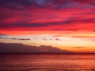 Naklejka na ściany i meble Beautiful sunset at sea with the horizon and purple and reddish hues
