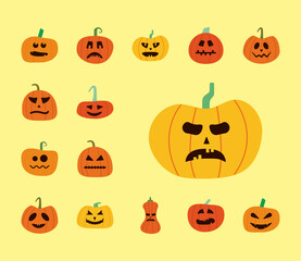 bundle of halloween pumpkins in yellow background flat style icons