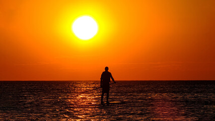 Silhouette of man in the sea at sunset