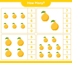 Counting game, how many Quince. Educational children game, printable worksheet, vector illustration