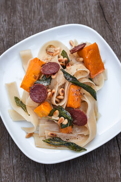 pappardelle with pumpkin, chorizo and burnt sage butter.