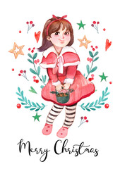 Christmas Girl Character Watercolor Card
