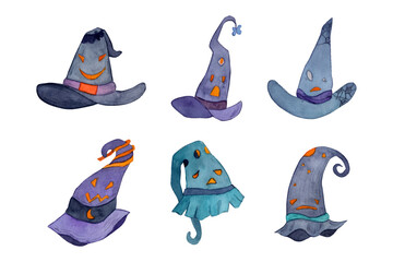 Witch's hats watercolor illustration. Wizard accessories elements. Purple, dark objects. 