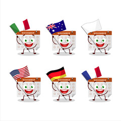 Thanksgiving calendar cartoon character bring the flags of various countries