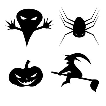 Silhouette witch flying on broomstick and The ghost spread his hand scary, Creepy spider with Halloween pumpkin head Jack-o-lantern isolated on white background, Halloween party icon