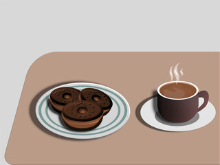 a cup off coffee milk and donuts on the wooden table in vector illustration