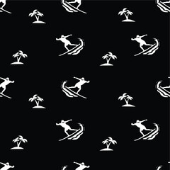 surfer and coconut leaf seamless pattern black and white background