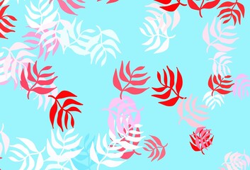 Light Blue, Red vector doodle template with leaves.