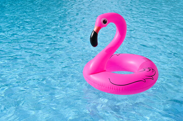 Flamingo shape, floating rubber ring in the swimming pool