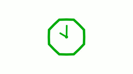 New green color 12 hours counting down clock icon on white background,clock isolated without trick