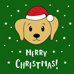 Cartoon cute Labrador in Santa hat. Vector illustration. Merry Christmas background.
