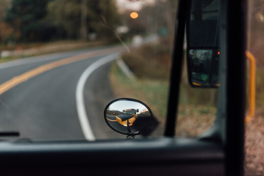 Looking out front window of school bus