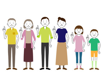 Illustration of a three generation family (grandfather, grandmother, father, mother, girl, boy set) Pointing pose