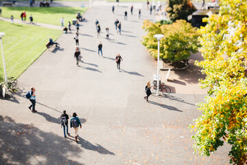High view of people - students - walking on college campus