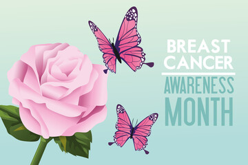 breast cancer awareness month campaign poster with butterflies and rose