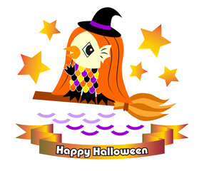 ハロウィン素材 魔女の仮装をしているアマビエ(日本の妖怪) イラスト ベクター