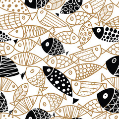 Gold fish. Cute vector line seamless pattern. Endless pattern can be used for ceramic tile, wallpaper, linoleum, textile, web page background.