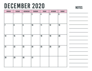December 2020 Calendar Planner - vector illustration. Template