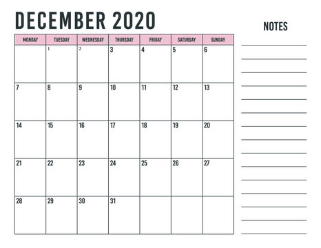 December 2020 Calendar Planner - Vector Illustration. Template