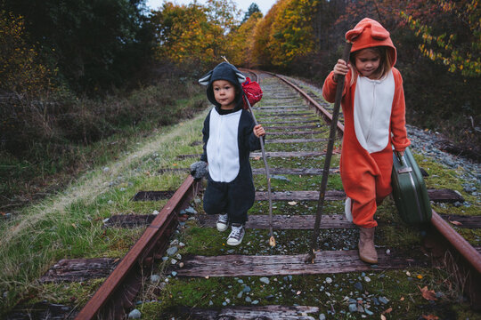 Kids dressed up like fox and raccoon walking on train tracks