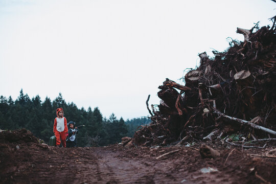 Kids dressed up like fox and raccoon walking away from destroyed home