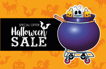 halloween sale seasonal poster with shopping bags in cauldron cart