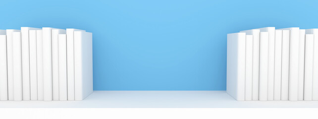 3D Scene banner Books placed on a white bookshelf on a blue background / 3D Render © Bahobank